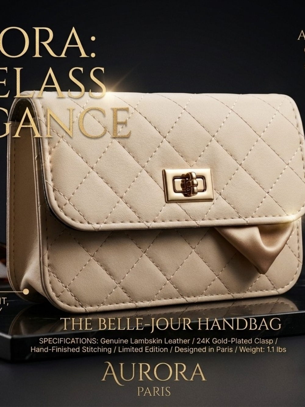 Cream Quilted Shoulder Bag with Gold Clasp